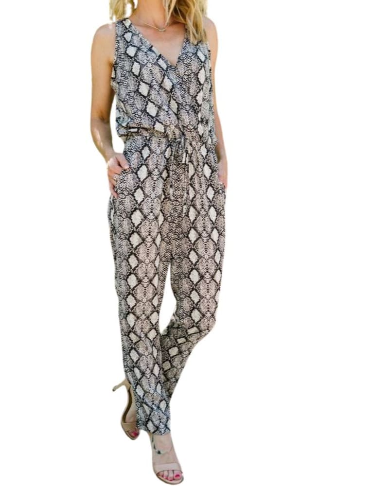 Front of a model wearing a size XL Mariela Jumpsuit in Snakeskin in Snakeskin by Veronica M. | dia_product_style_image_id:346273